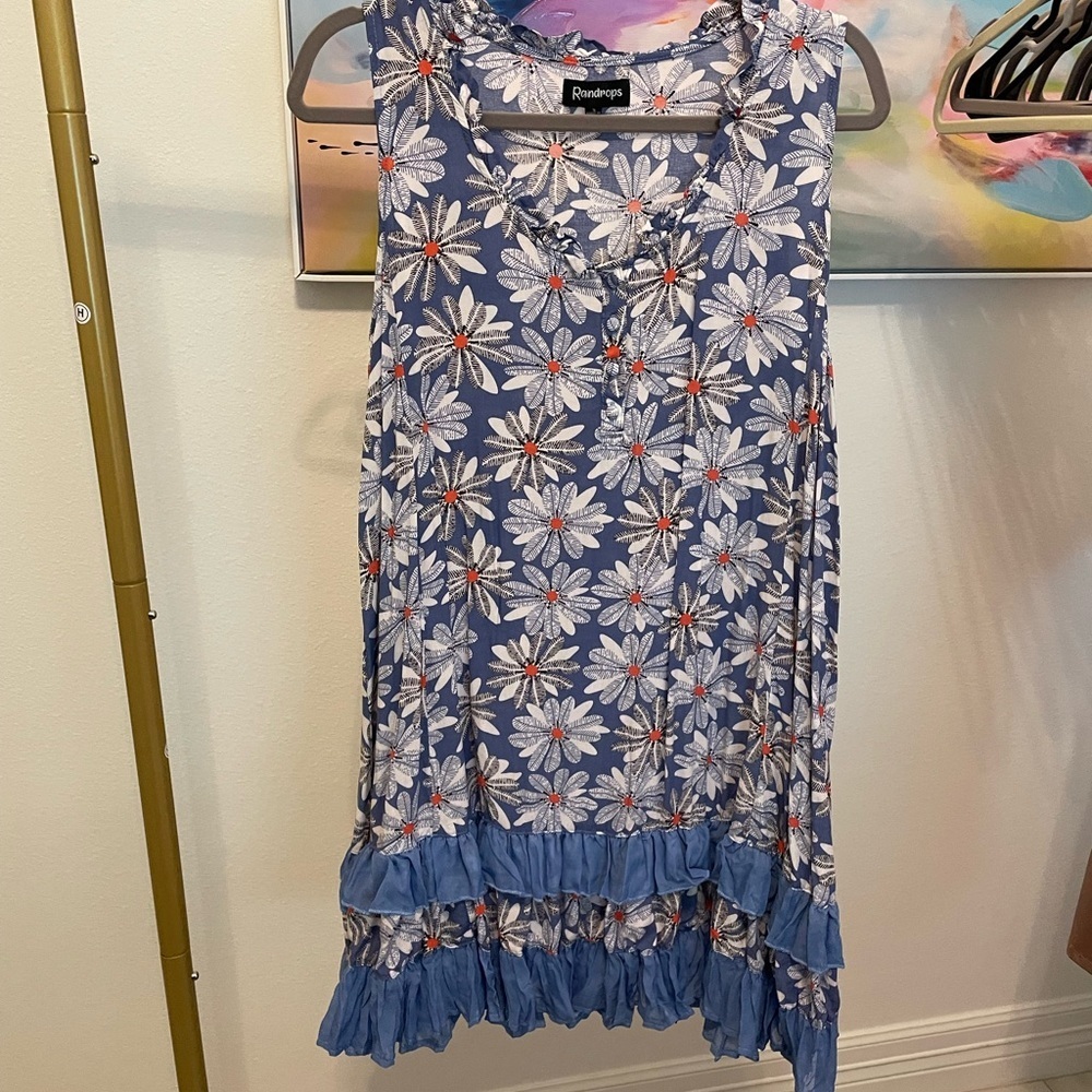 Raindrops Blue Floral Dress Small summer vacation ruffles fairy cottage